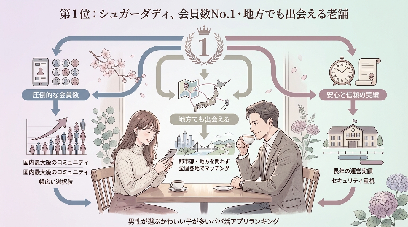 第1位:シュガーダディ、会員数No.1・地方でも出会える老舗